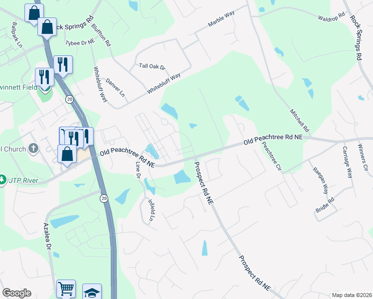 map of restaurants, bars, coffee shops, grocery stores, and more near 1332 Old Peachtree Road Northeast in Lawrenceville