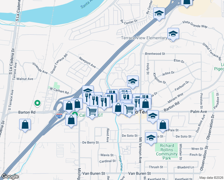 map of restaurants, bars, coffee shops, grocery stores, and more near 22416 Canal Circle in Grand Terrace