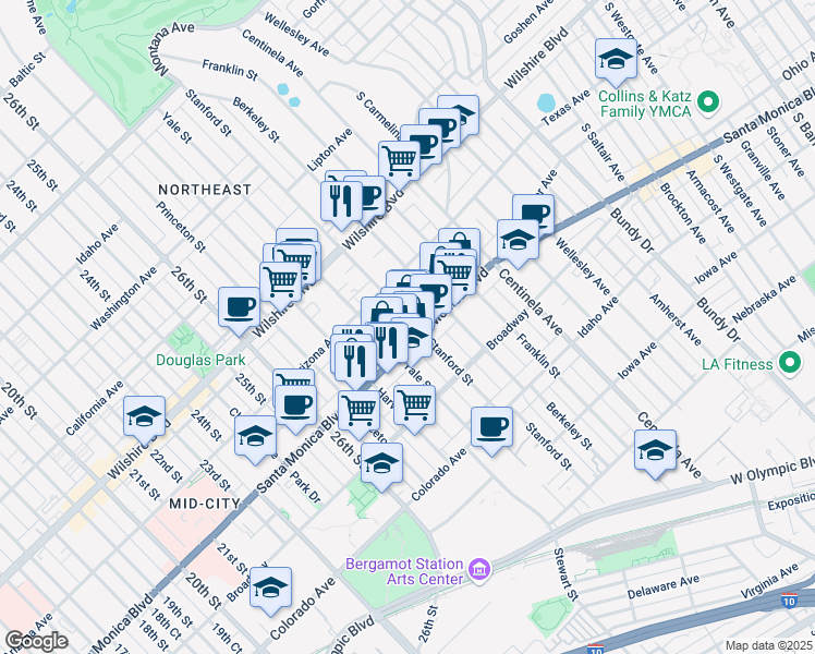 map of restaurants, bars, coffee shops, grocery stores, and more near 1341 Yale Street in Santa Monica