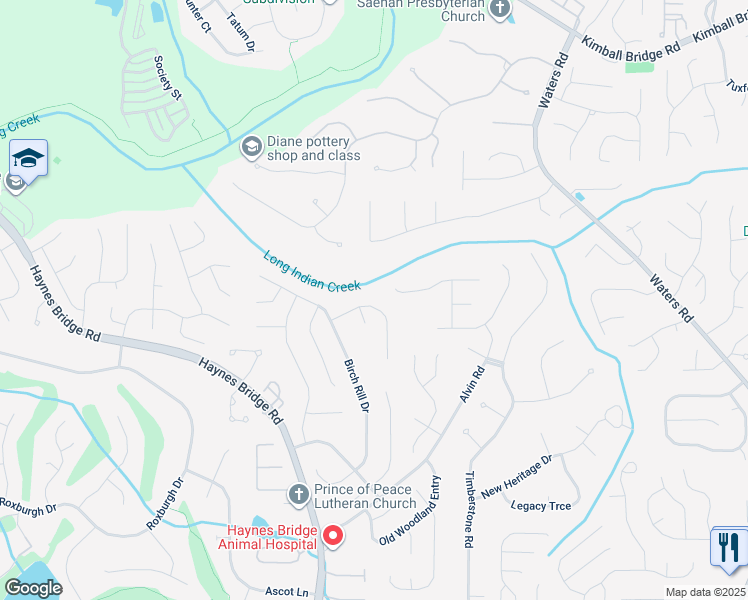 map of restaurants, bars, coffee shops, grocery stores, and more near 3188 Long Indian Creek Court in Alpharetta