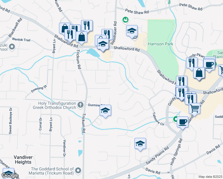map of restaurants, bars, coffee shops, grocery stores, and more near 2651 Thornberry Place in Marietta