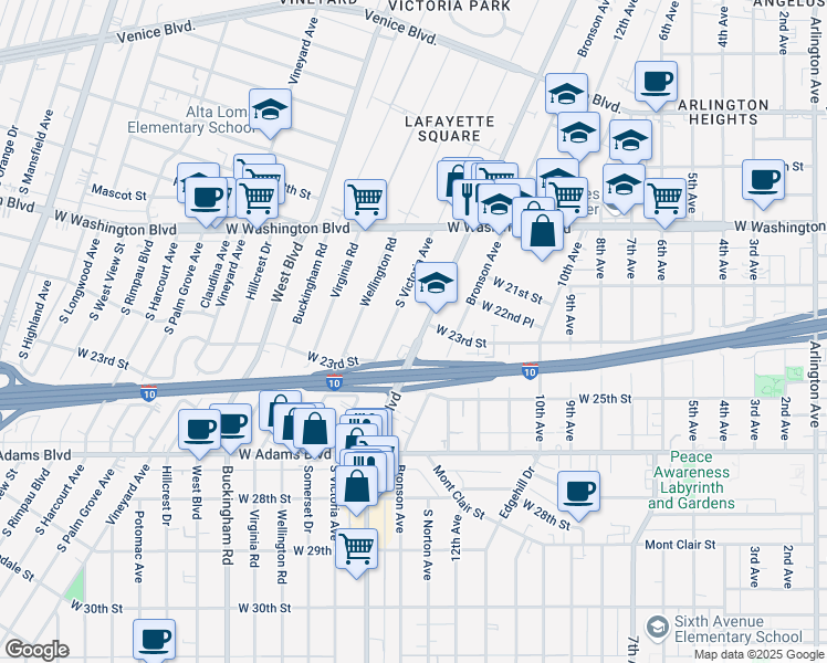 map of restaurants, bars, coffee shops, grocery stores, and more near 2321 Crenshaw Boulevard in Los Angeles
