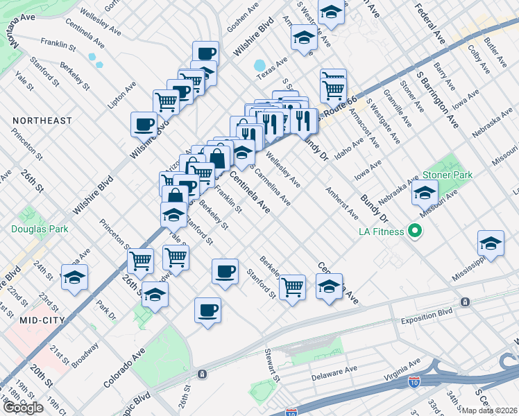 map of restaurants, bars, coffee shops, grocery stores, and more near 1527 Centinela Avenue in Santa Monica