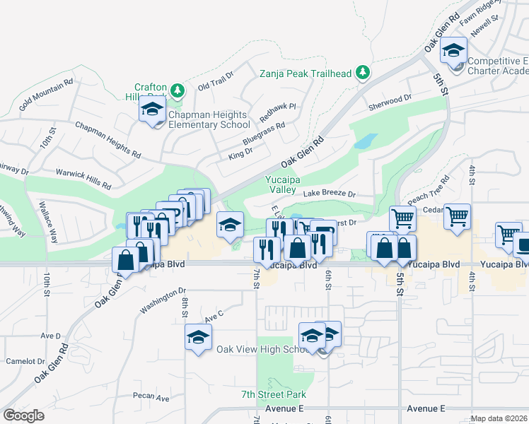 map of restaurants, bars, coffee shops, grocery stores, and more near 33929 Lake Breeze Drive in Yucaipa