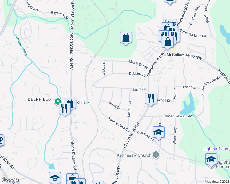 map of restaurants, bars, coffee shops, grocery stores, and more near 6010 Ashley Way in Kennesaw