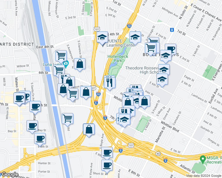 map of restaurants, bars, coffee shops, grocery stores, and more near 751 1/2 South Boyle Avenue in Los Angeles