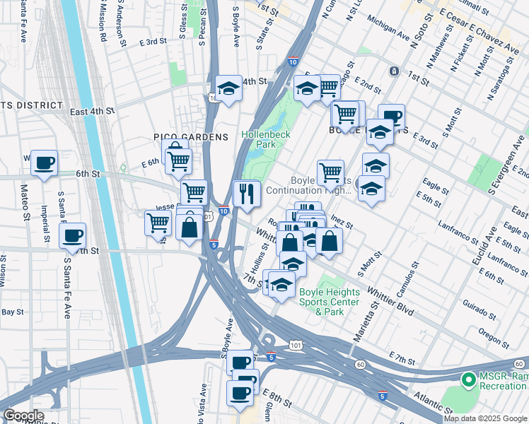 map of restaurants, bars, coffee shops, grocery stores, and more near 721 South Chicago Street in Los Angeles