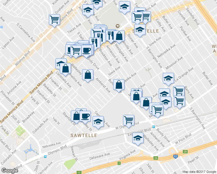 map of restaurants, bars, coffee shops, grocery stores, and more near 1716 Amherst Avenue in Los Angeles
