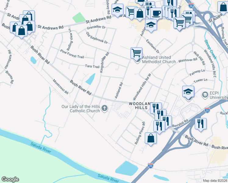 map of restaurants, bars, coffee shops, grocery stores, and more near 2400 Ashland Road in Columbia