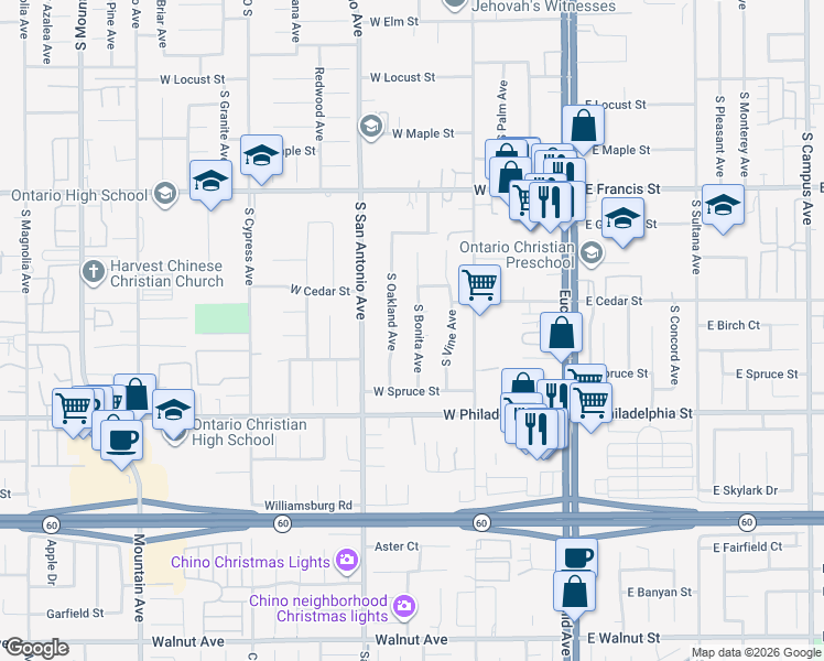 map of restaurants, bars, coffee shops, grocery stores, and more near 2034 South Bonita Avenue in Ontario