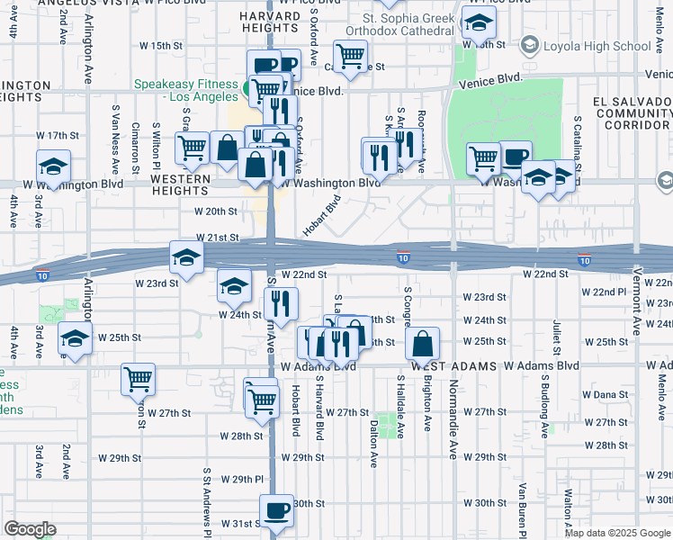 map of restaurants, bars, coffee shops, grocery stores, and more near 1973 West 22nd Street in Los Angeles