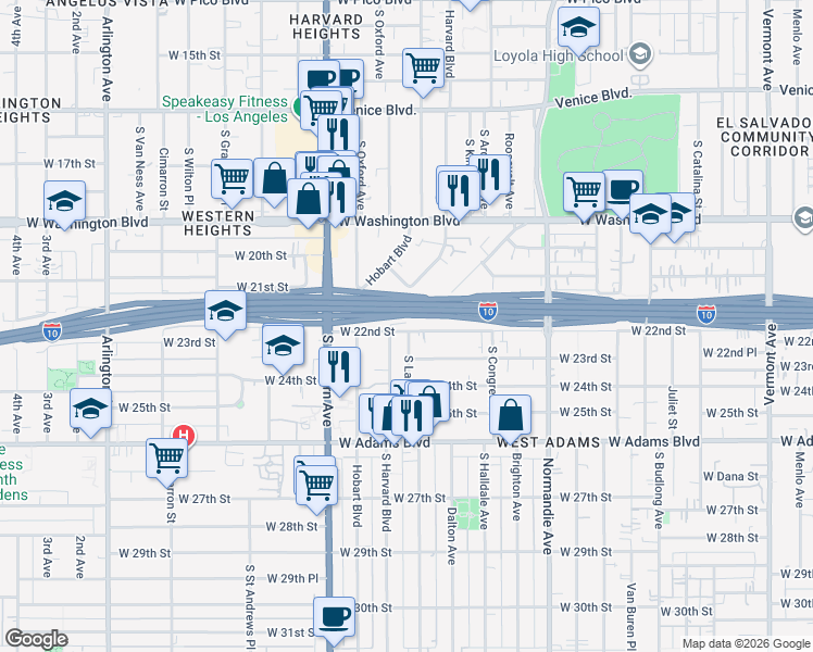 map of restaurants, bars, coffee shops, grocery stores, and more near 1973 West 22nd Street in Los Angeles