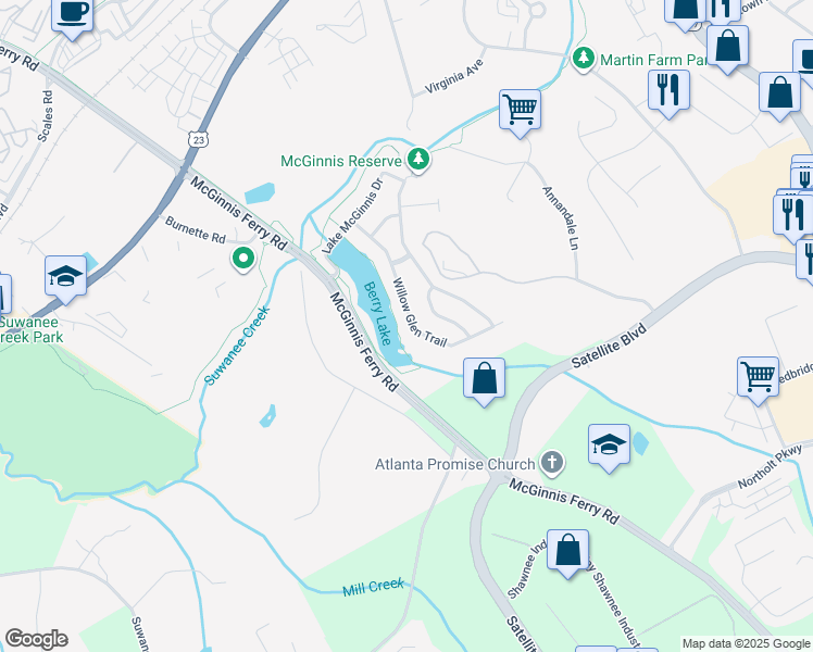 map of restaurants, bars, coffee shops, grocery stores, and more near 3404 Willow Glen Trail in Suwanee