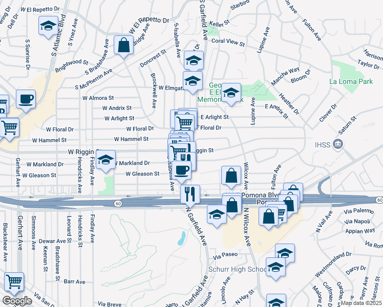 map of restaurants, bars, coffee shops, grocery stores, and more near 190 East Riggin Street in Monterey Park