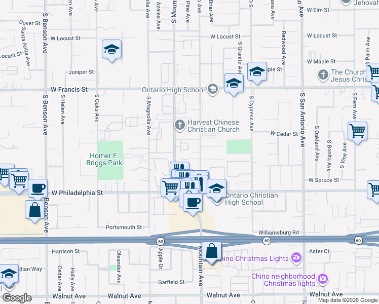 map of restaurants, bars, coffee shops, grocery stores, and more near 2025 South Mountain Avenue in Ontario