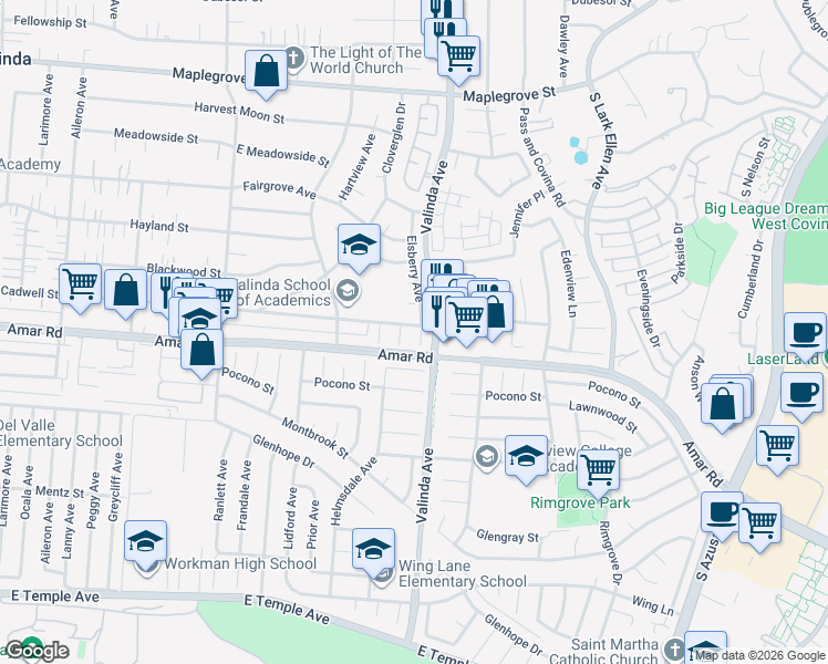 map of restaurants, bars, coffee shops, grocery stores, and more near 1023 Elsberry Avenue in La Puente
