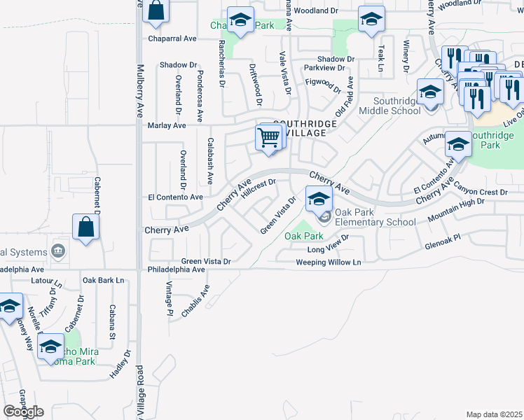 map of restaurants, bars, coffee shops, grocery stores, and more near 11951 Oakwood Drive in Fontana