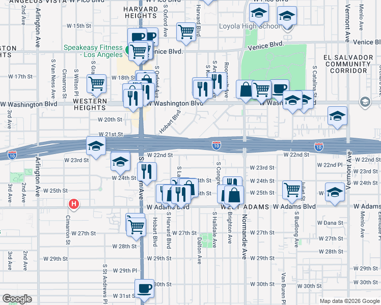 map of restaurants, bars, coffee shops, grocery stores, and more near 1955 West 22nd Street in Los Angeles