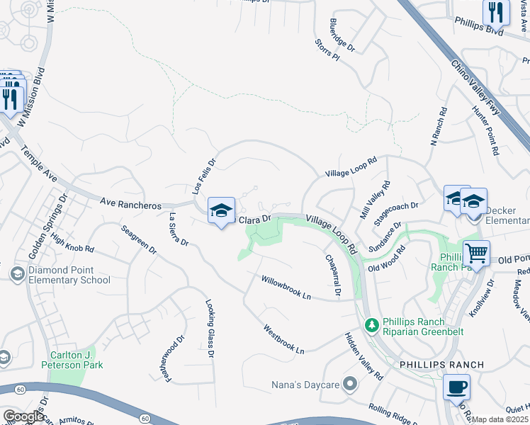 map of restaurants, bars, coffee shops, grocery stores, and more near 1 Calle De Cabos in Pomona