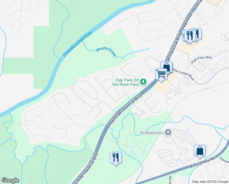 map of restaurants, bars, coffee shops, grocery stores, and more near 3944 Riverstone Drive in Suwanee