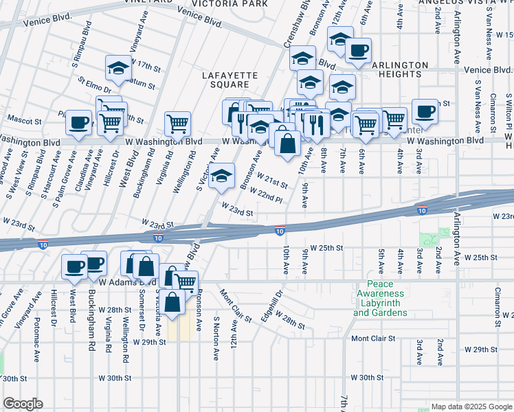 map of restaurants, bars, coffee shops, grocery stores, and more near 4057 West 23rd Street in Los Angeles