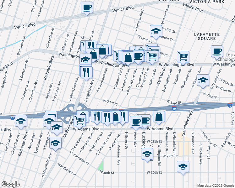 map of restaurants, bars, coffee shops, grocery stores, and more near 2119 South Harcourt Avenue in Los Angeles