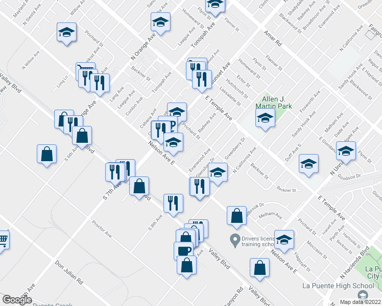 map of restaurants, bars, coffee shops, grocery stores, and more near 14711 Nelson Avenue East in La Puente