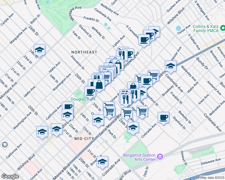 map of restaurants, bars, coffee shops, grocery stores, and more near 1234 Harvard Street in Santa Monica