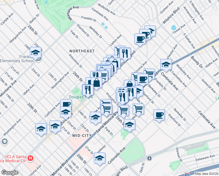 map of restaurants, bars, coffee shops, grocery stores, and more near 1234 Harvard Street in Santa Monica