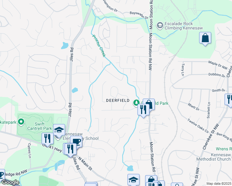 map of restaurants, bars, coffee shops, grocery stores, and more near 5520 Deerfield Place in Kennesaw