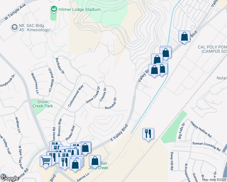 map of restaurants, bars, coffee shops, grocery stores, and more near 22251 Roundup Drive in Walnut