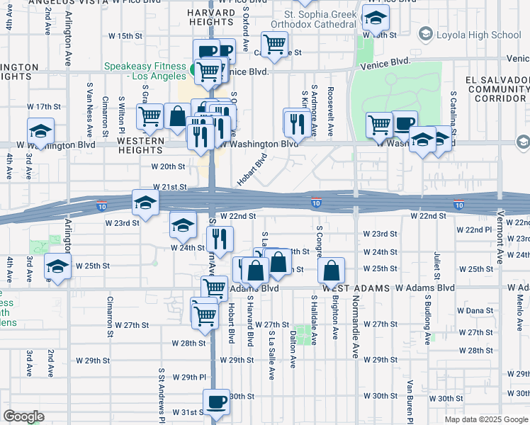 map of restaurants, bars, coffee shops, grocery stores, and more near 2015 West 22nd Street in Los Angeles