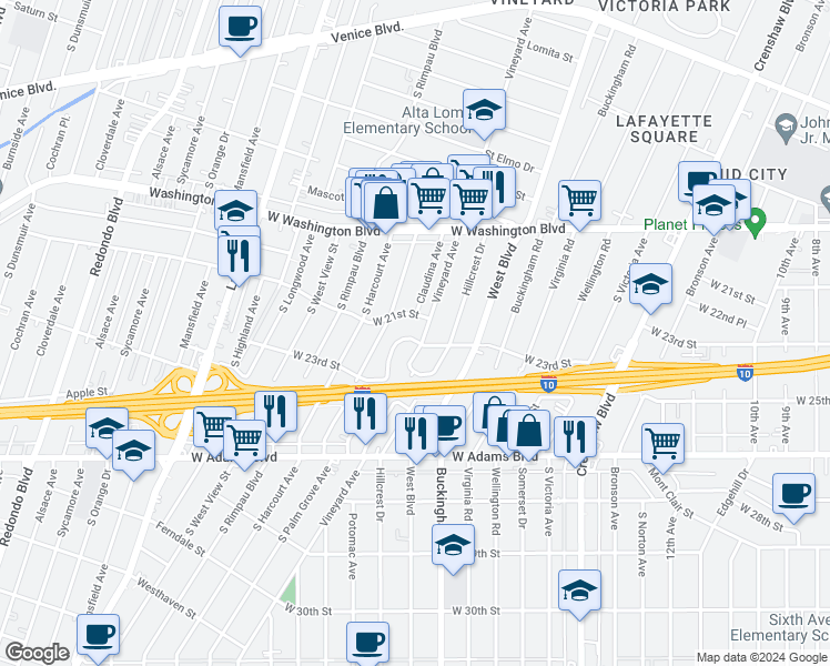 map of restaurants, bars, coffee shops, grocery stores, and more near 2224 Vineyard Avenue in Los Angeles