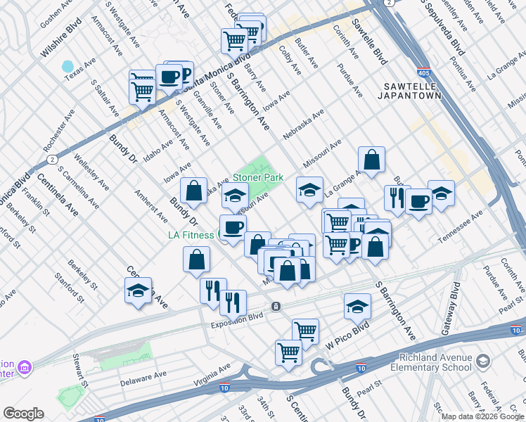 map of restaurants, bars, coffee shops, grocery stores, and more near 1916 South Westgate Avenue in Los Angeles