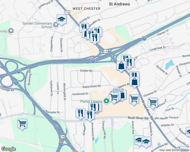 map of restaurants, bars, coffee shops, grocery stores, and more near 1119 Shirlington Road in Columbia