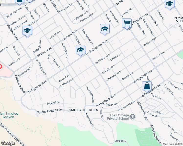 map of restaurants, bars, coffee shops, grocery stores, and more near 726 Robinhood Lane in Redlands
