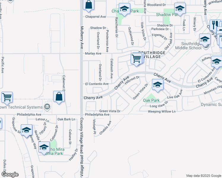 map of restaurants, bars, coffee shops, grocery stores, and more near 11933 Saguaro Way in Fontana