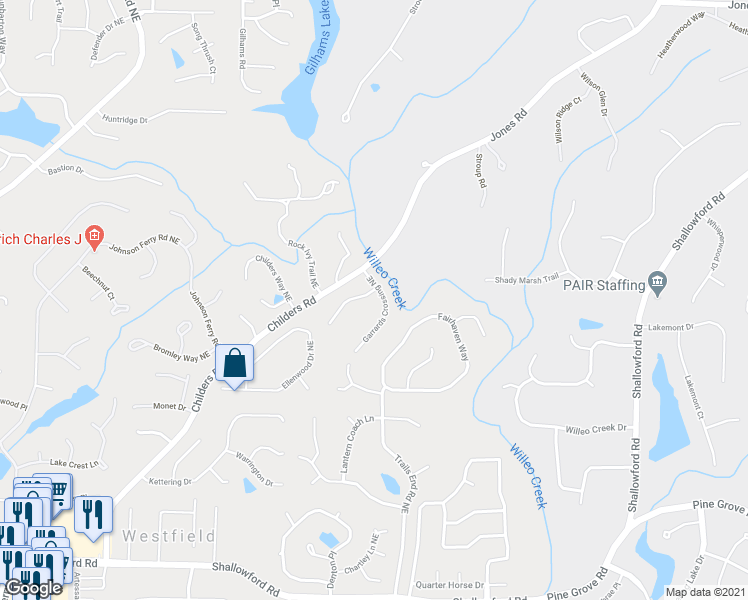 map of restaurants, bars, coffee shops, grocery stores, and more near 4882 Garrards Ridge in Roswell