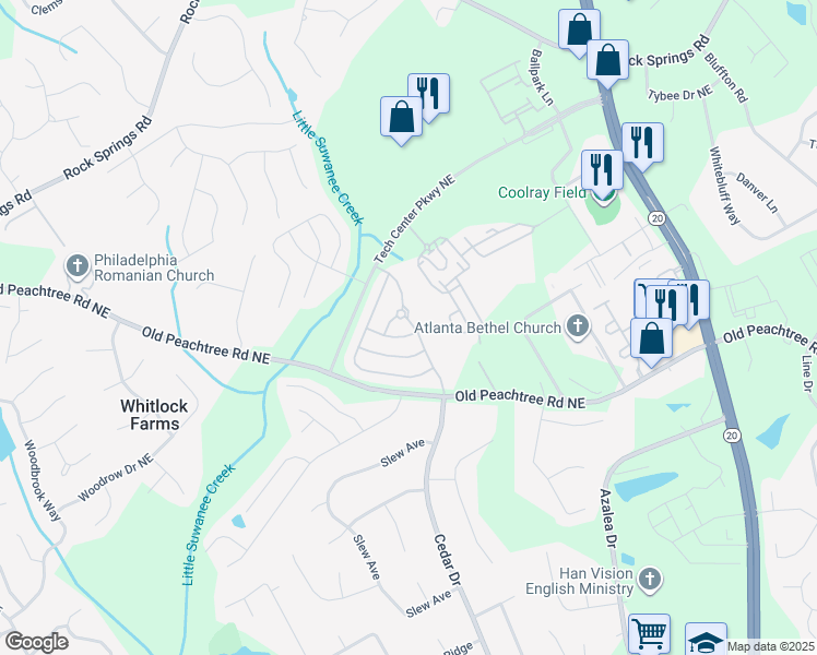 map of restaurants, bars, coffee shops, grocery stores, and more near 2692 Cedar Drive in Lawrenceville
