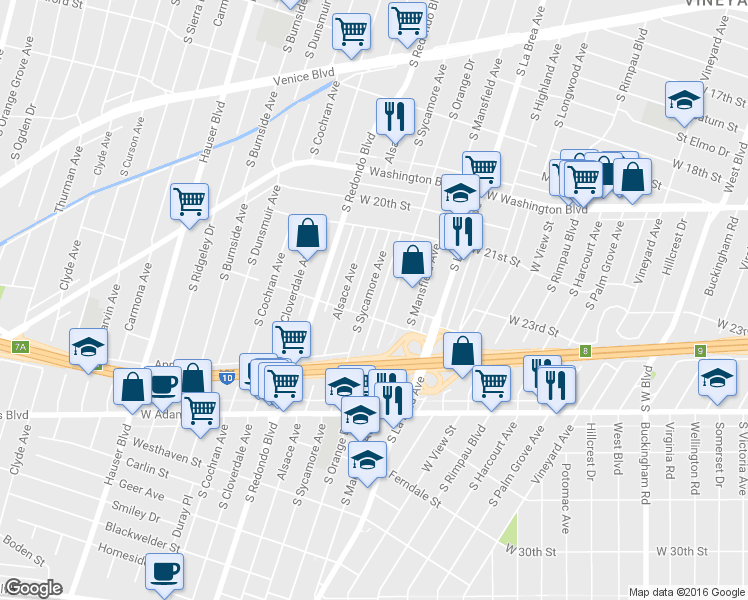 map of restaurants, bars, coffee shops, grocery stores, and more near 2232 South Sycamore Avenue in Los Angeles
