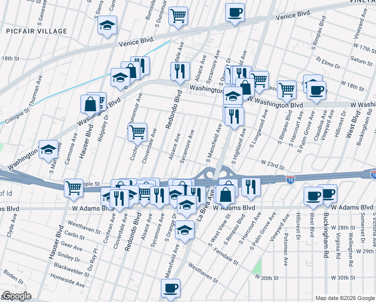 map of restaurants, bars, coffee shops, grocery stores, and more near 2237 South Sycamore Avenue in Los Angeles