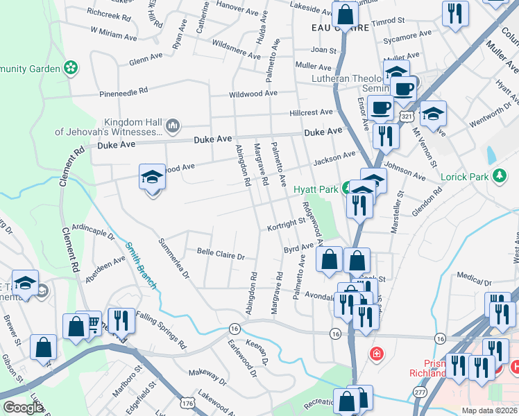 map of restaurants, bars, coffee shops, grocery stores, and more near 3830 Abingdon Road in Columbia
