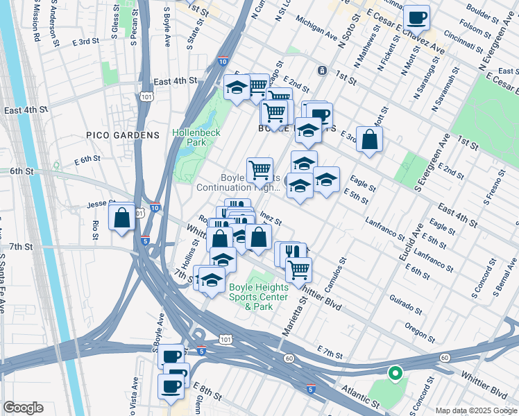map of restaurants, bars, coffee shops, grocery stores, and more near 632 South Soto Street in Los Angeles