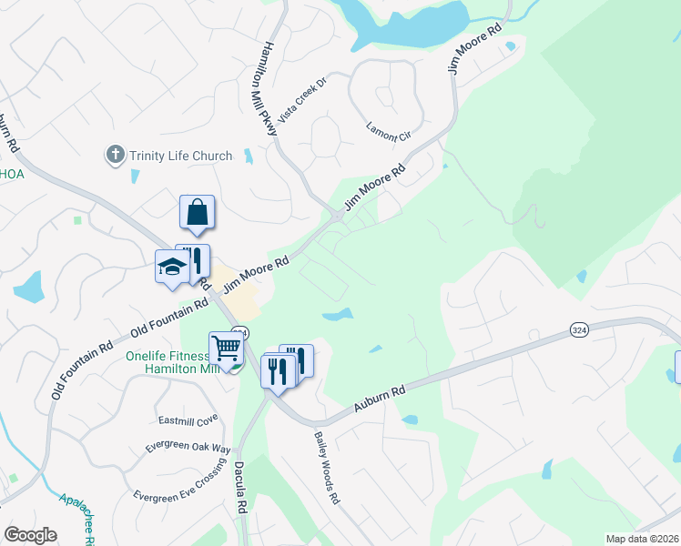 map of restaurants, bars, coffee shops, grocery stores, and more near 3108 Jim Moore Road in Dacula