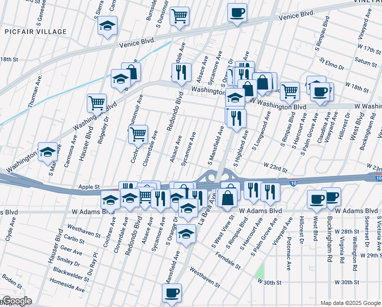 map of restaurants, bars, coffee shops, grocery stores, and more near 2232 South Sycamore Avenue in Los Angeles