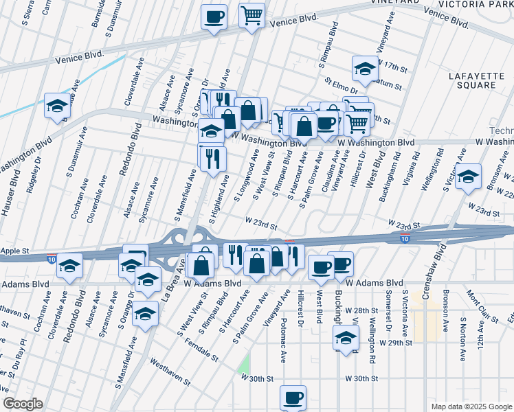 map of restaurants, bars, coffee shops, grocery stores, and more near 2130 South West View Street in Los Angeles