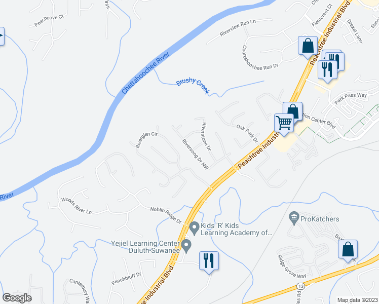 map of restaurants, bars, coffee shops, grocery stores, and more near 3980 Riversong Drive Northwest in Suwanee
