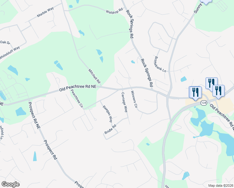 map of restaurants, bars, coffee shops, grocery stores, and more near 1645 Peachtree Circle in Lawrenceville
