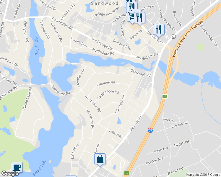 map of restaurants, bars, coffee shops, grocery stores, and more near 6111 Cedar Ridge Road in Columbia