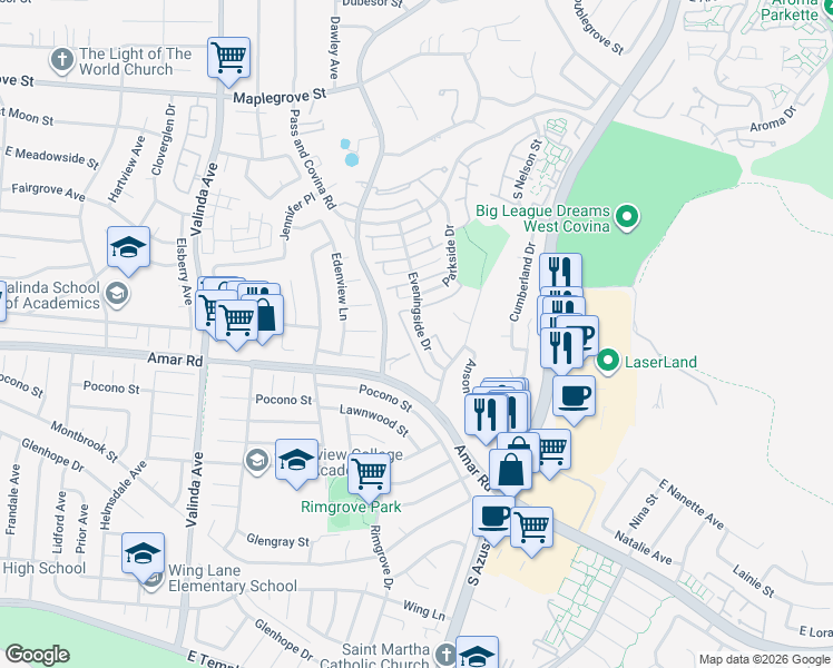 map of restaurants, bars, coffee shops, grocery stores, and more near 2105 Eveningside Drive in West Covina